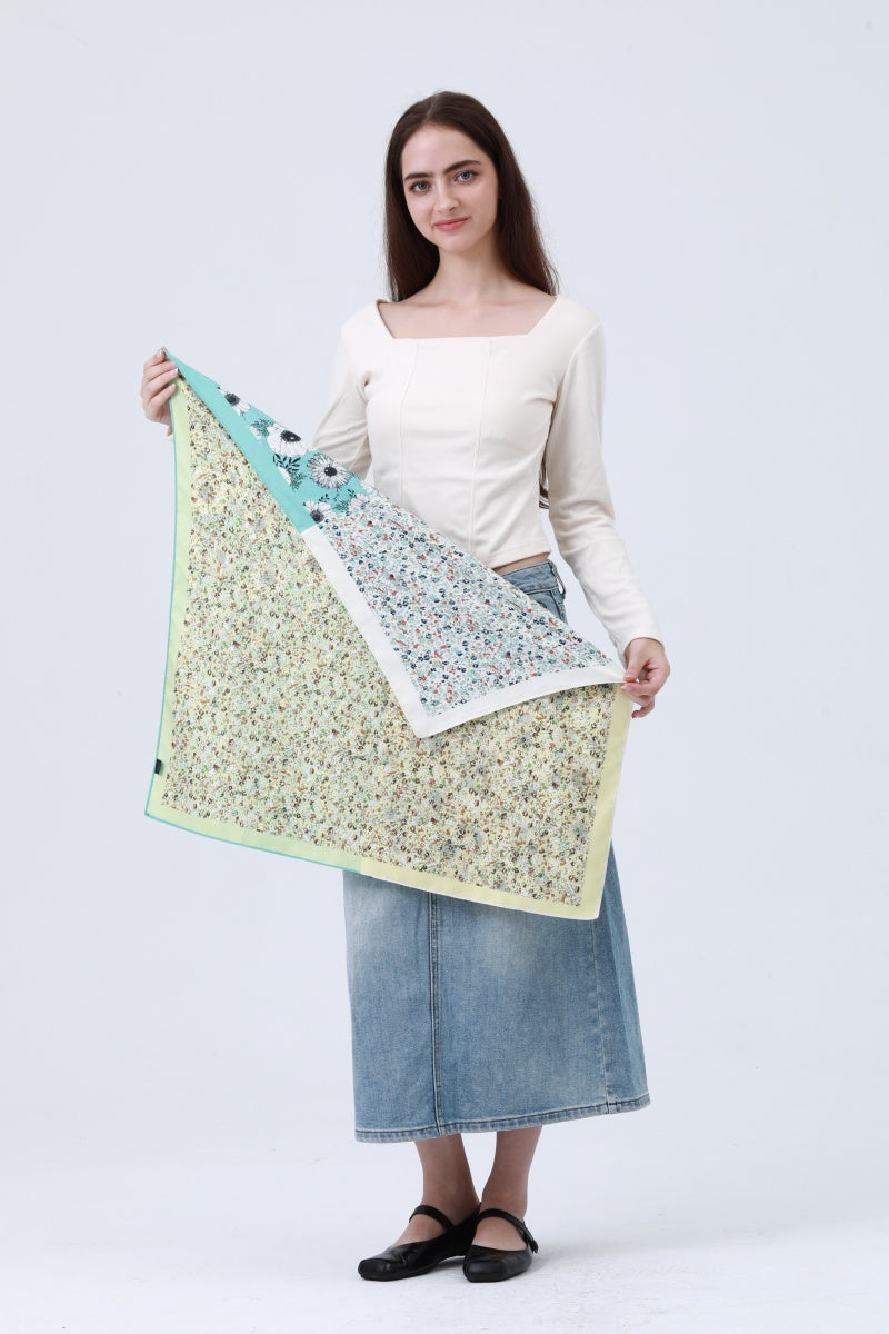 Dual-Tone Gingham Floral Bandana – Reversible Silky Square Scarf 🌸🎀 Leto Collection