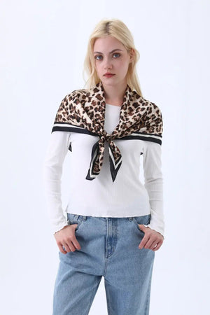 Retro Leopard Print Satin Square Scarf – Lightweight for Head or Neck Wear