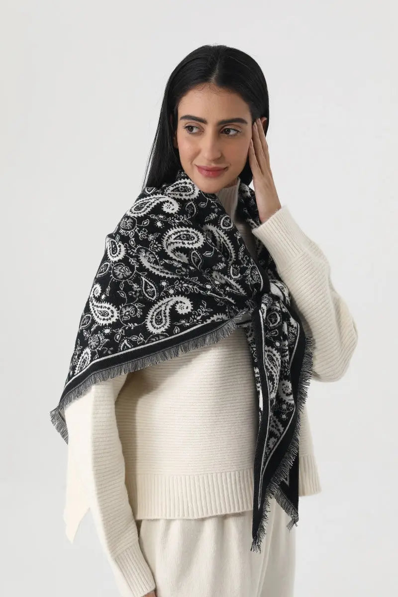 Women Paisley Print Tassel Triangle Warm Shawl Wrap 🪡🌼 Leto Collection