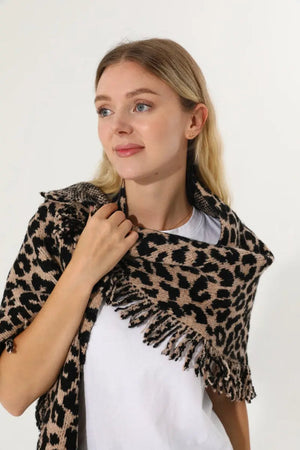 Leopard Knit Poncho Fringe Soft Warm Women Cape Shawl 🧶🐆 Leto Collection