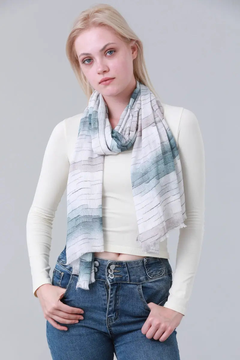 Gradient Abstract Line Print Long Scarf with Tassels in teal, product photo