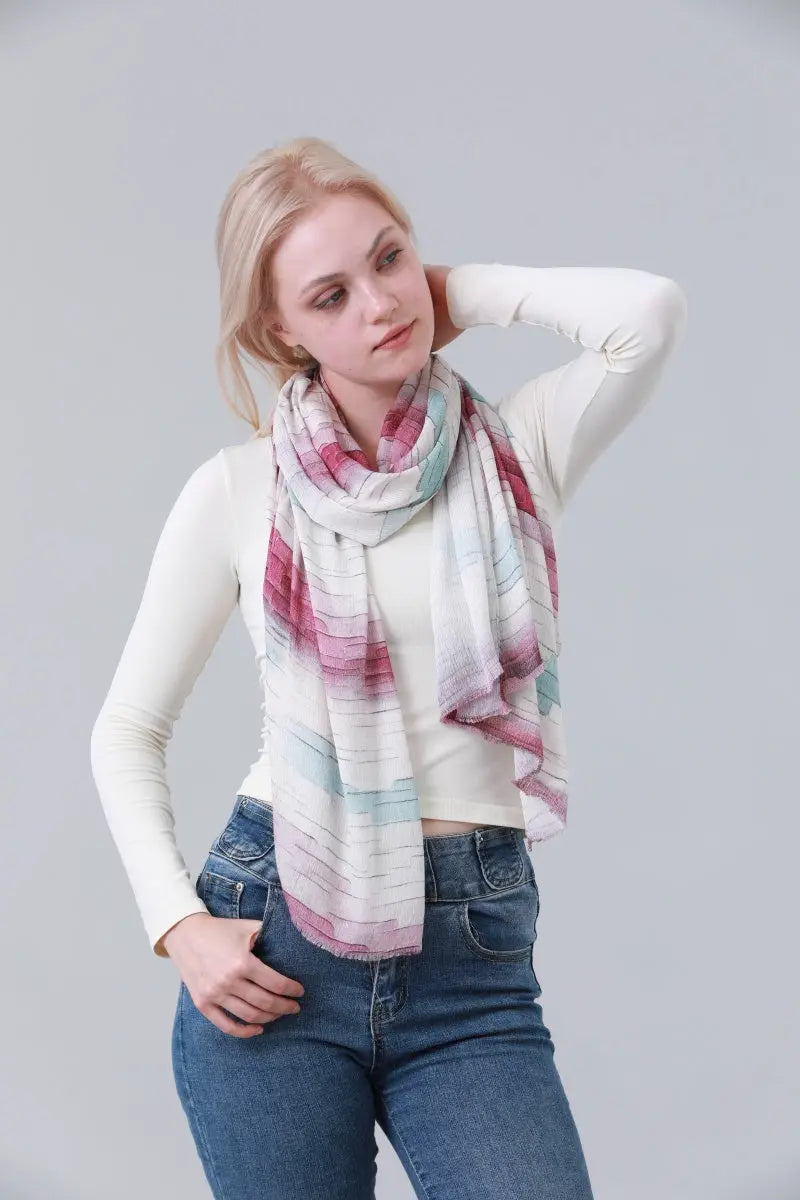 Gradient Abstract Line Print Long Scarf with Tassels in teal, product photo