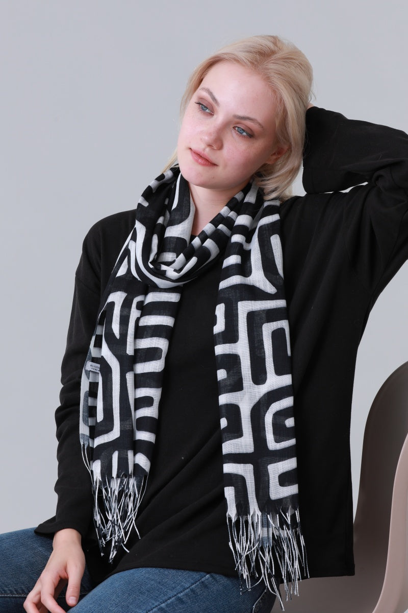 Geometric Print Long Scarf Tassel Fringe Women Shawl Wrap Leto Collection