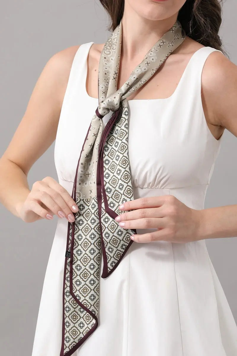 Vintage Geometric Floral Satin Neck Scarf in brown, product photo