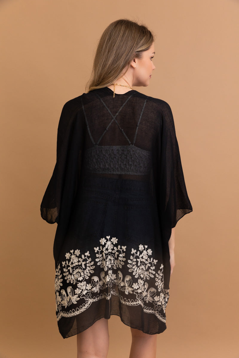 Enchanted Black Bloom embroidered kimono with lightweight floral design.