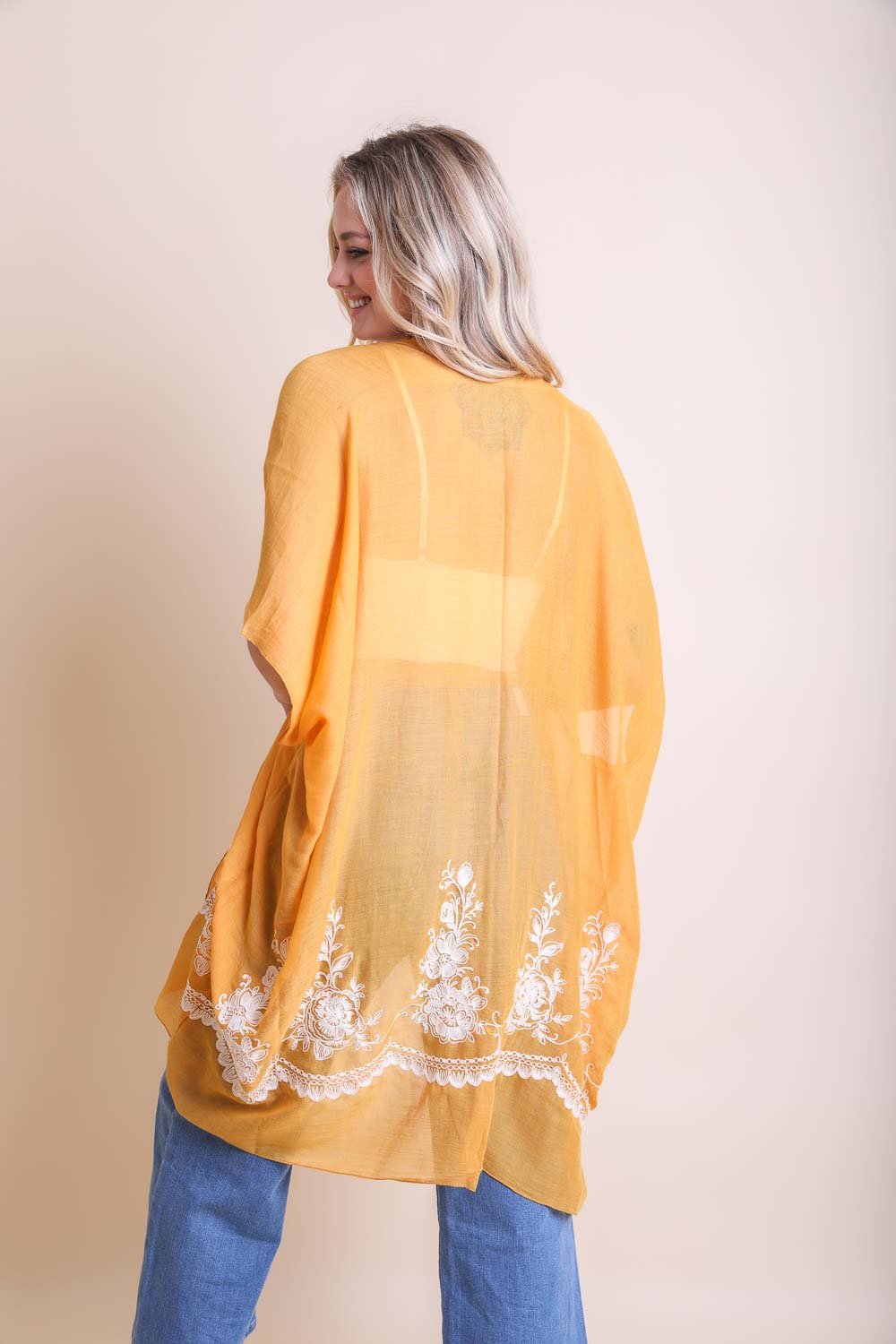 Floral embroidered stitch mustard kimono with lightweight and elegant design.