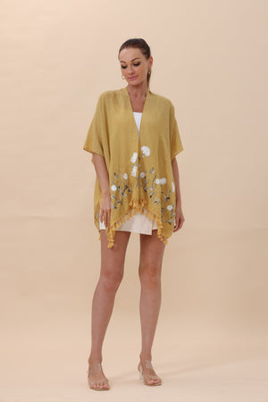 Floral Embroidered Tassel Hem Kimono Cardigan