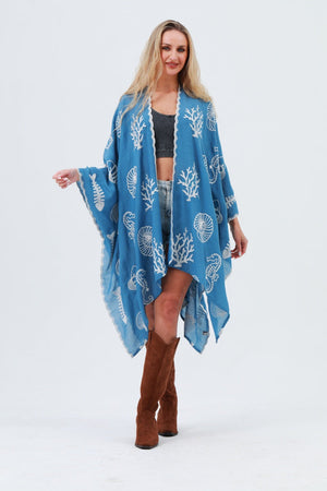 Seahorse Coral Seashell Embroidered Kimono – Ocean Breeze Cover-Up 🌊🐚
