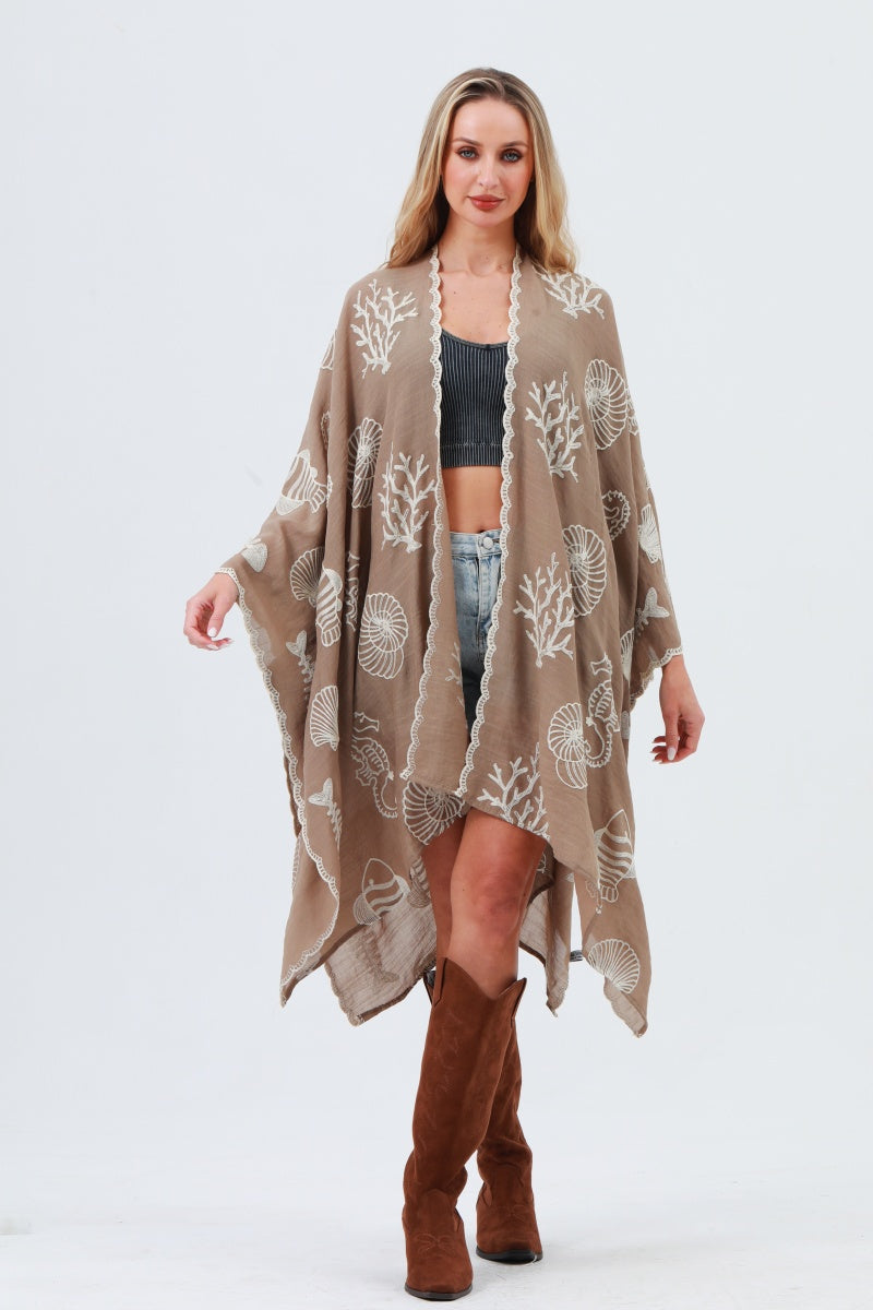 Seahorse Coral Seashell Embroidered Kimono – Ocean Breeze Cover-Up 🌊🐚