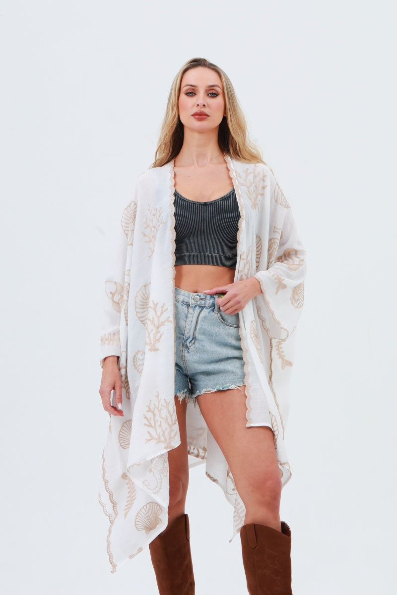 Seahorse Coral Seashell Embroidered Kimono – Ocean Breeze Cover-Up 🌊🐚