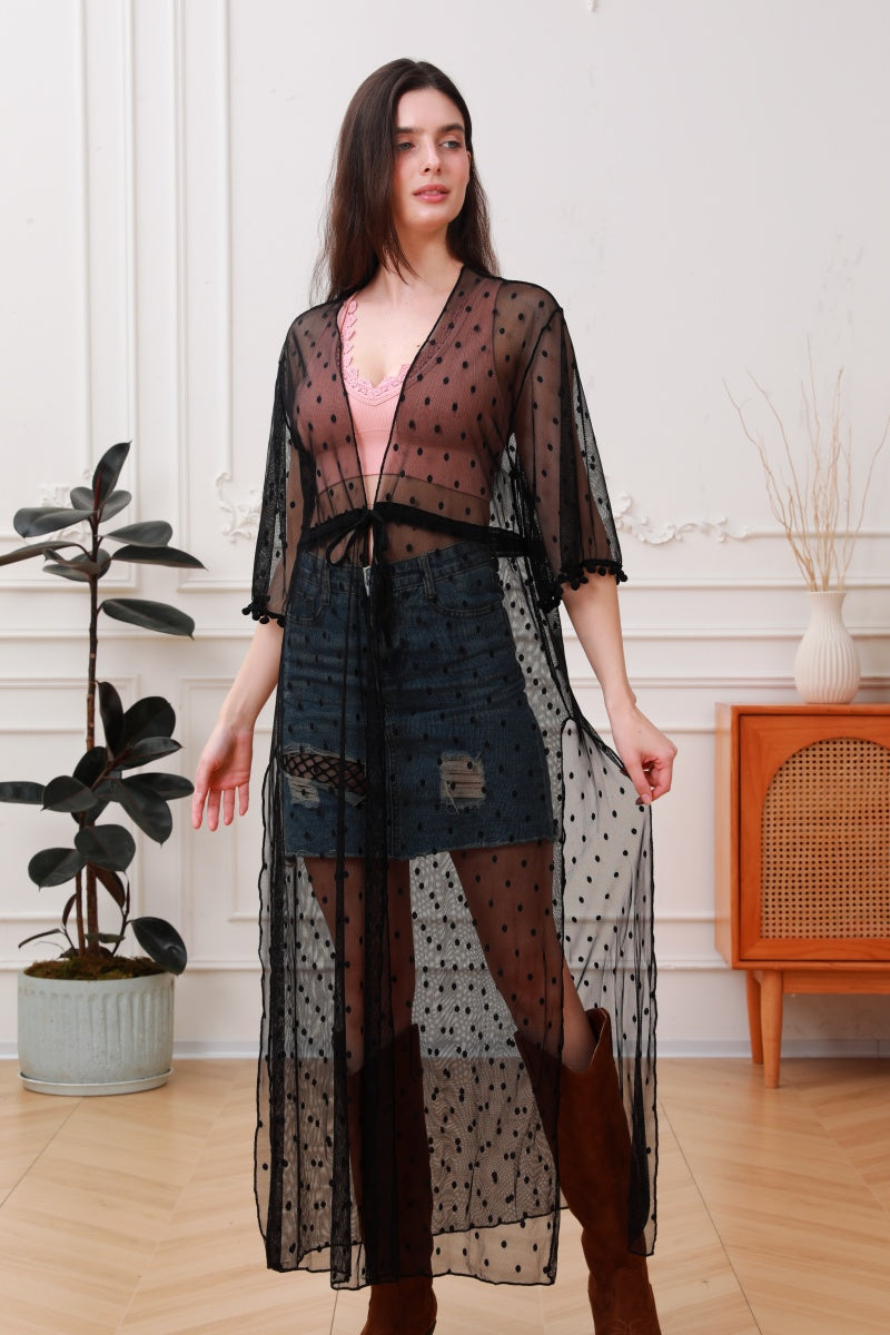 Boho Dream: Polka Dot Mesh Kimono Duster