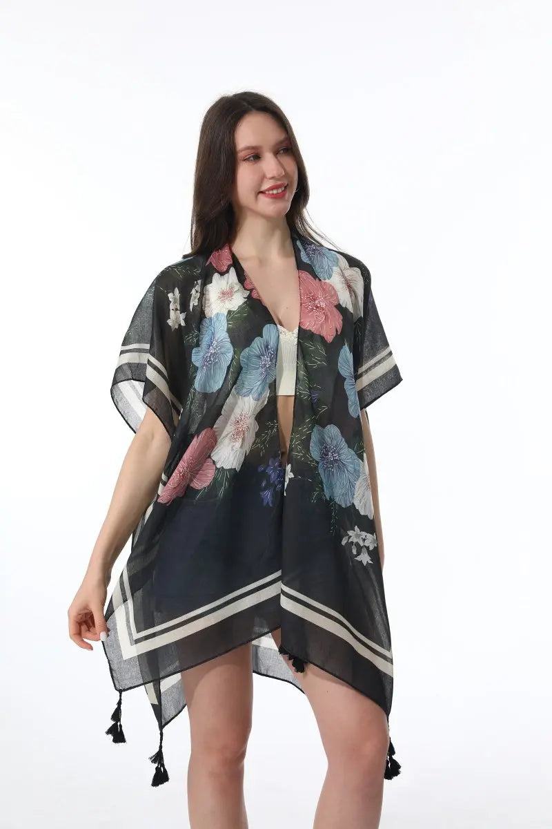 Floral Print Tassel Kimono Beach Cover Up Shawl Cardigan 🌸🌊 leto-collection