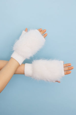 Faux Fur Trim Fingerless Knit Mittens