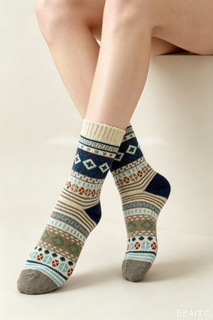 Retro Fair Isle Geometric Knit Crew Winter Socks For Women Leto Collection