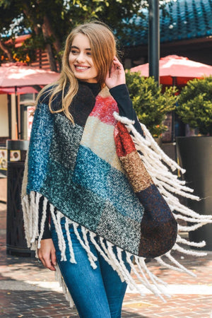 A Flurry of Fun Color Block Tassel Poncho Ponchos Red/Blue