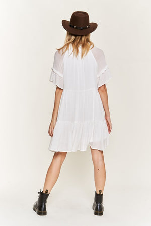 Ruffled Neck Tiered Mini Dress - Black, White