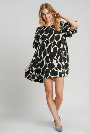 Two Tone Abstract Print Puff Sleeve Dress Plus Size