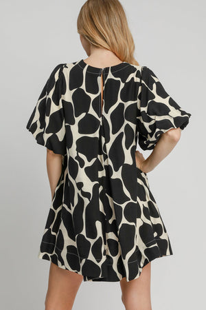 Two Tone Abstract Print Puff Sleeve Dress Plus Size