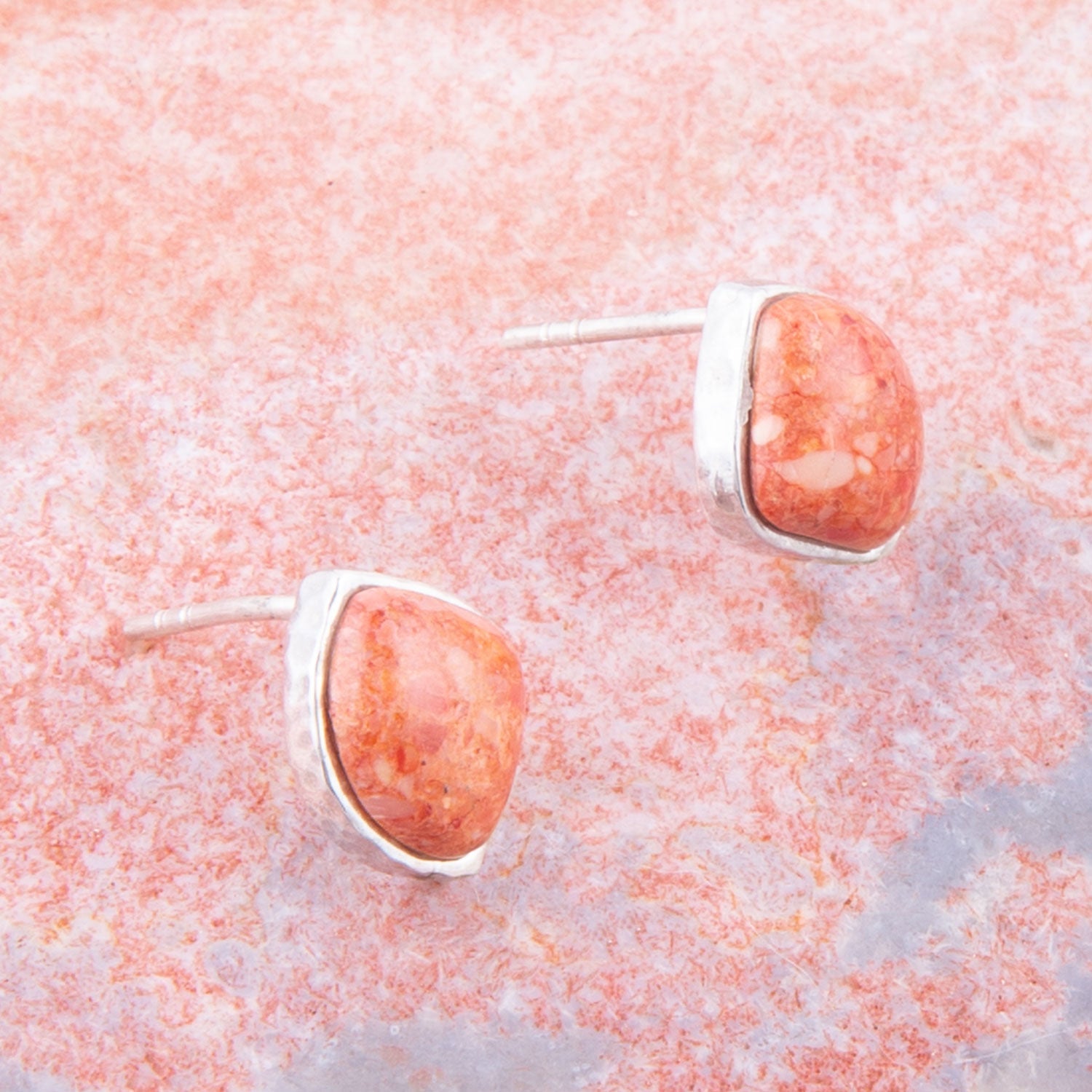 Abstract Orange Sponge Coral and Sterling Silver Stud Earrings