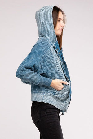 Acid Wash Cotton Waffle Hooded Zip-Up Jacket ZENANA 