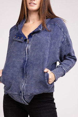 Acid Wash Cotton Waffle Hooded Zip-Up Jacket ZENANA LT NAVY S 