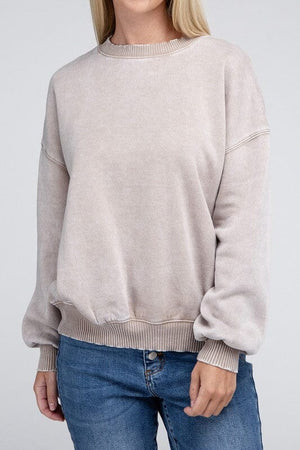 Acid Wash Fleece Oversized Pullover ZENANA ASH MOCHA S 