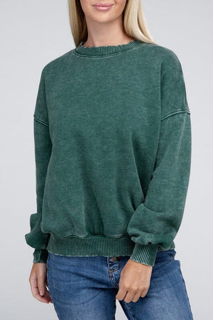 Acid Wash Fleece Oversized Pullover ZENANA DK GREEN S 