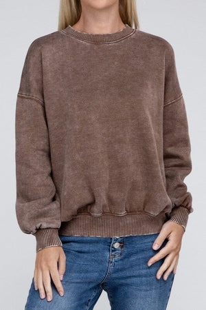 Acid Wash Fleece Oversized Pullover ZENANA MOCHA S 