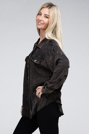 Acid Wash Oversized Cotton Waffle Shacket ZENANA 