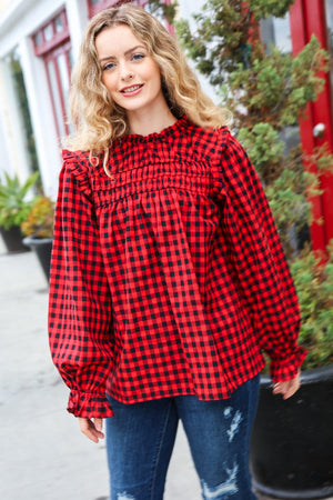 Adorable in Red Gingham Shirred Mock Neck Top Haptics 