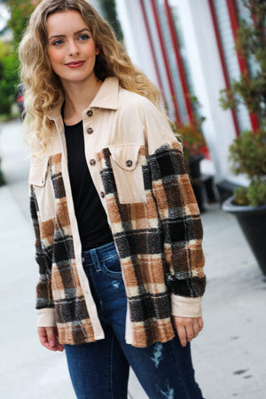 Adorable Taupe Corduroy & Plaid Sherpa Button Jacket Bloom 2023 Winter Sale 