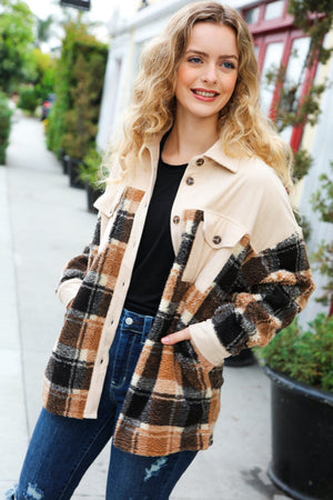 Adorable Taupe Corduroy & Plaid Sherpa Button Jacket Bloom 2023 Winter Sale 