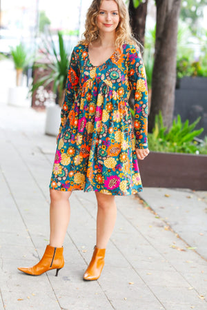 All About It Teal Vibrant Floral Pocketed Dress Haptics 