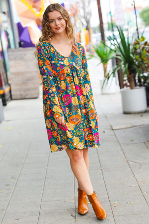 All About It Teal Vibrant Floral Pocketed Dress Haptics 
