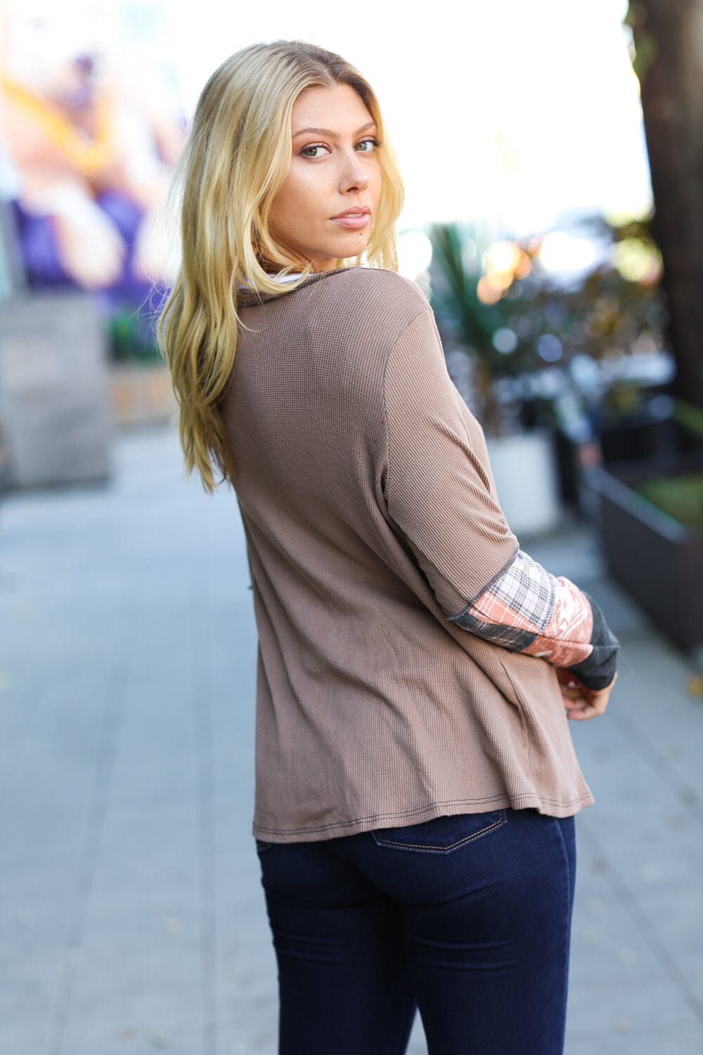 All For You Taupe Thermal Button Down Colorblock Top Sugarfox 