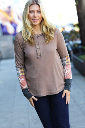 All For You Taupe Thermal Button Down Colorblock Top Sugarfox 