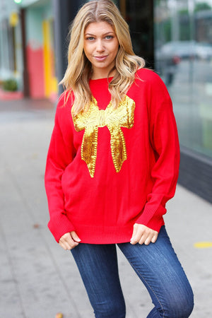 All I Want Red Sequin Bow Embroidery Knit Sweater Haptics 