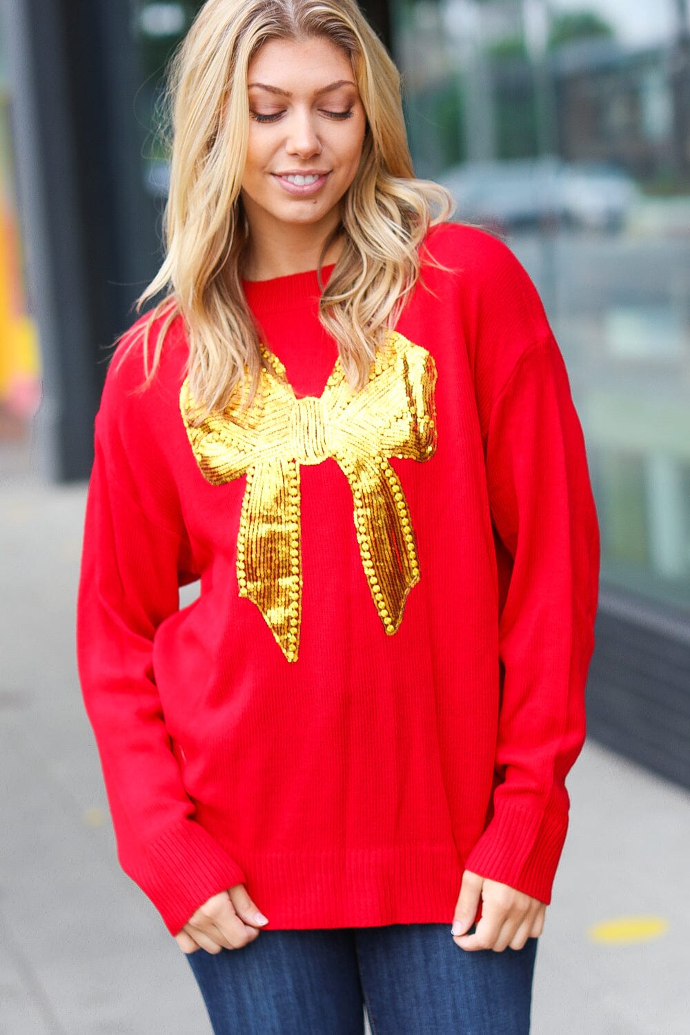 All I Want Red Sequin Bow Embroidery Knit Sweater Haptics 