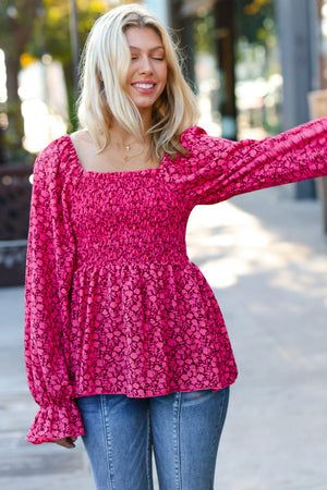 Always With You Fuchsia Smocked Ditzy Floral Ruffle Top Haptics 