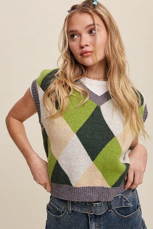 Argyle Cropped Sweater Vest Listicle Green Multi S 
