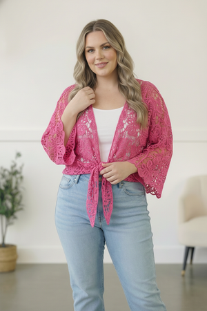 Beautiful You Fuchsia Crochet Front Tie Bell Sleeve Cardigan