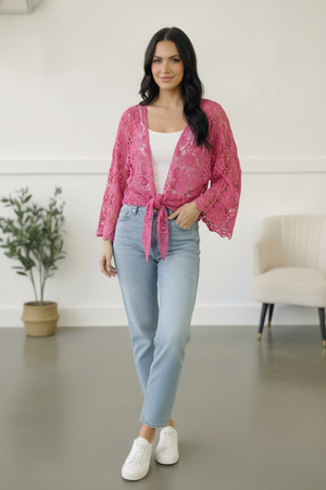 Beautiful You Fuchsia Crochet Front Tie Bell Sleeve Cardigan