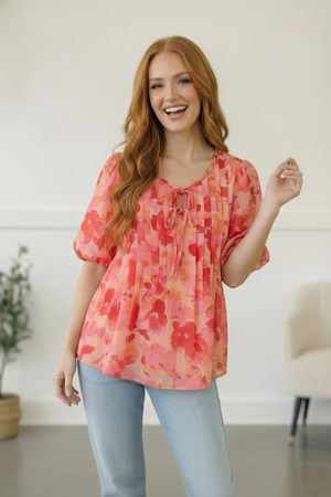 With a Rosy Glow Watercolor Pleated Top