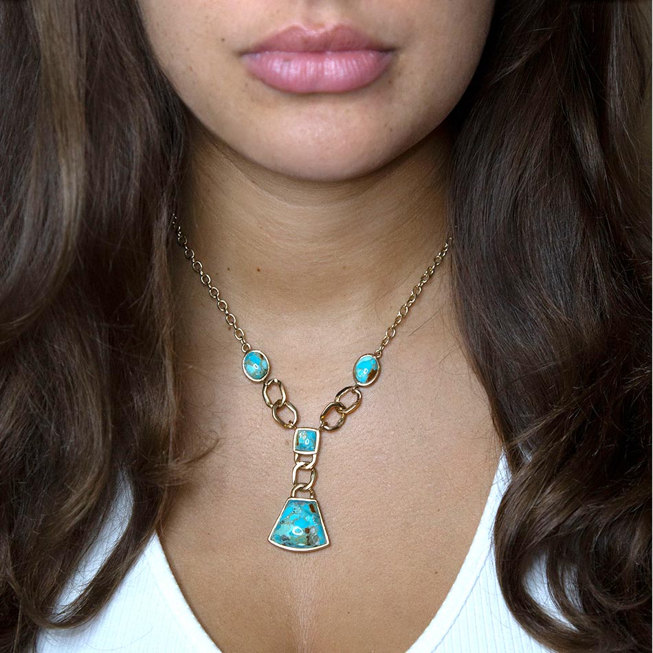 Athena Blue Turquoise Golden Y Neck Necklace