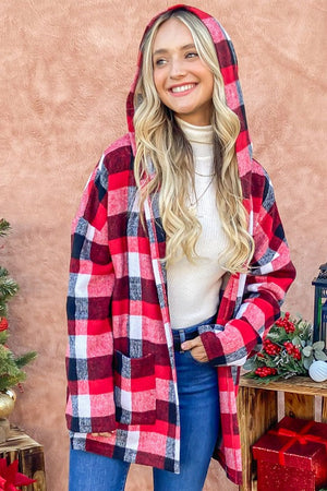 Red Riding Hooded Plaid Cardigan