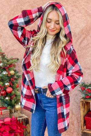 Red Riding Hooded Plaid Cardigan