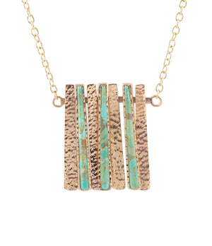 Aztec Blue Turquoise and Golden Bronze Fan Necklace