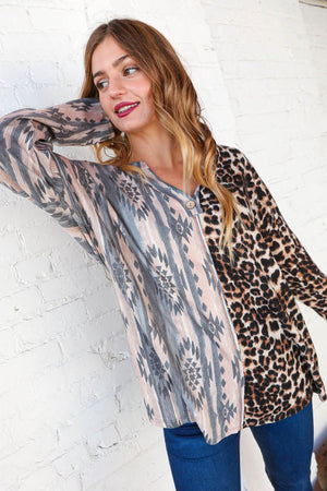 Aztec Leopard Color Block Rib Placket Button Top Now and Forever 
