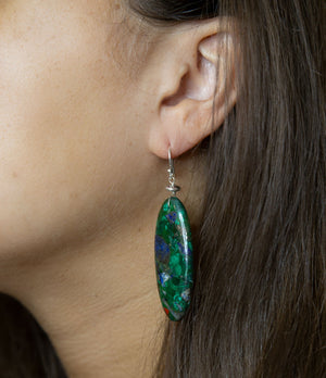 Blue Green Azurite Matrix Statement Sterling Silver Drop Earrings
