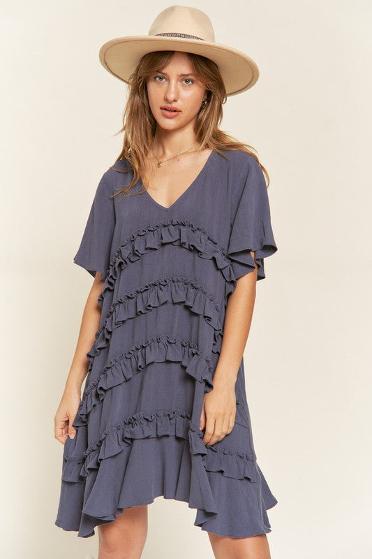 Tiered Ruffle Mini Dress - Plus Size - Light Mauve, Cement Grey